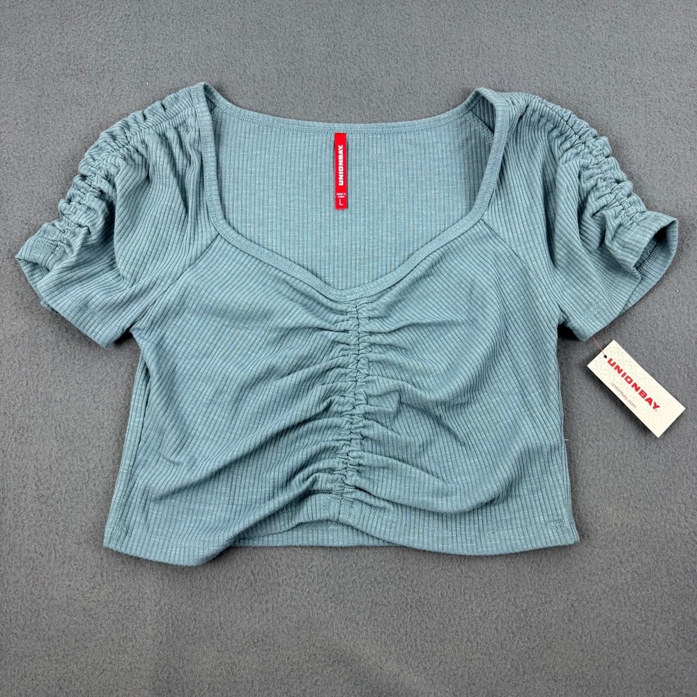 NWT UNIONBAY -Hollis - Womens Juniors crop pullover ruched top Blue Coastline- L